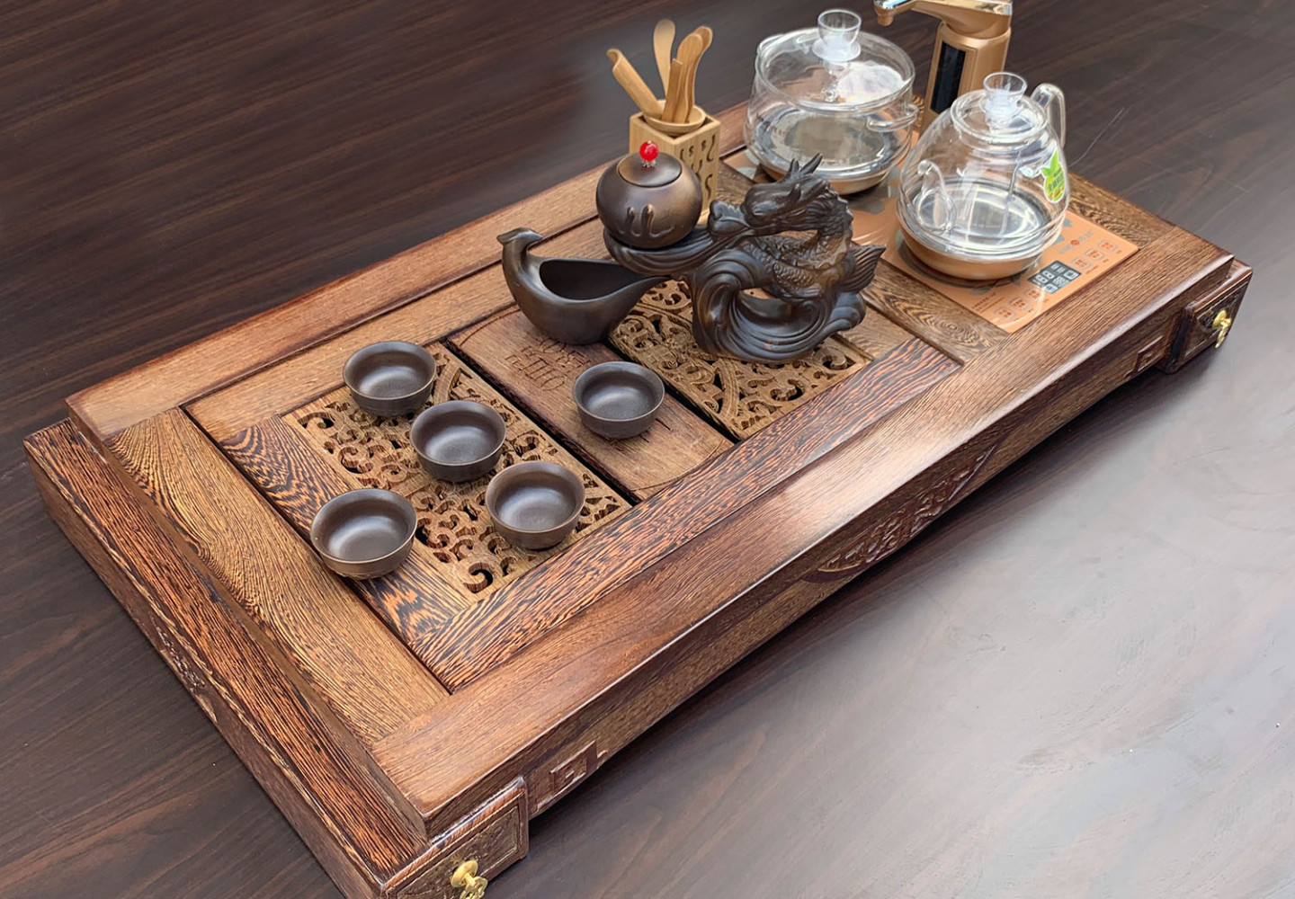 Banner bàn trà điện tần thủy hoàng gỗ mun đuôi công